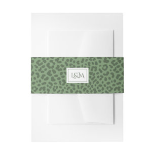 Green leopard print monogram initials wedding invitation belly band