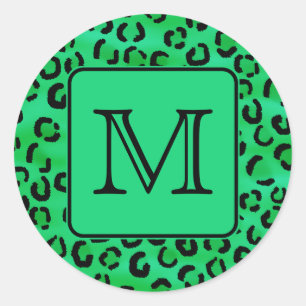 Green Leopard Print with Custom Monogram. Classic Round Sticker