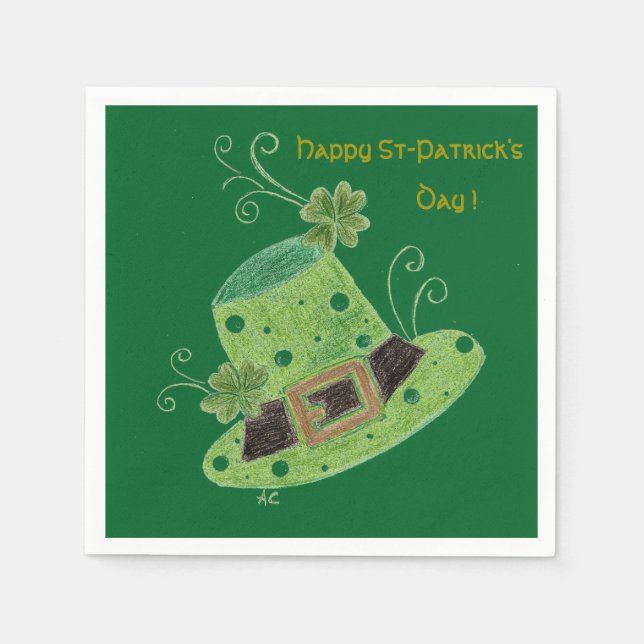 Green leprechaun's hat cocktail paper napkins (Front)