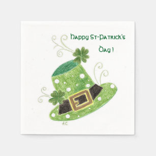 Green leprechaun's hat white cocktail paper napkin