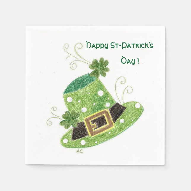 Green leprechaun's hat white cocktail paper napkin (Front)