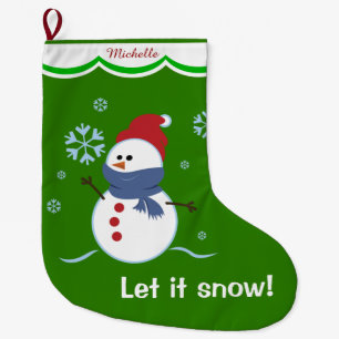 Green Let it Snow Snowman Personalised Large Christmas Stocking