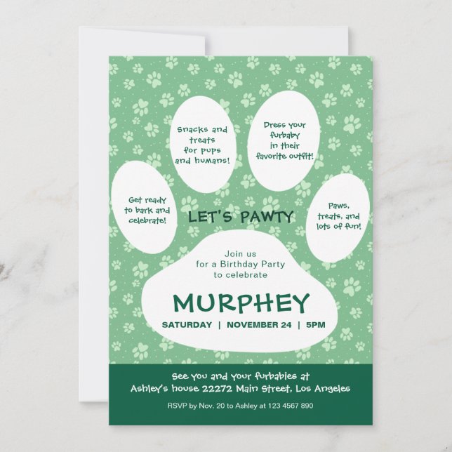 Green Let’s Pawty, Paw Print Invitation (Front)