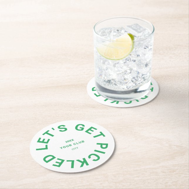 Green Let's Get Pickled Crest Pickleball Round Paper Coaster (Insitu)
