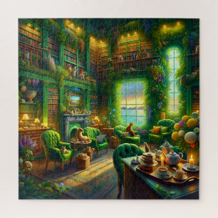 Green Library Cat Coastal View Jigsaw Puzzle