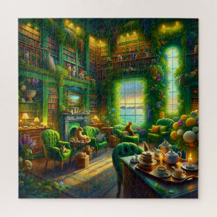 Green Library Cat Tea Time Coastal View Jigsaw Puzzle