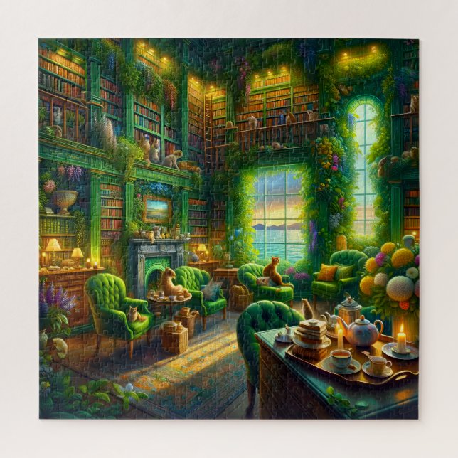 Green Library Cat Tea Time Coastal View Jigsaw Puzzle (Vertical)