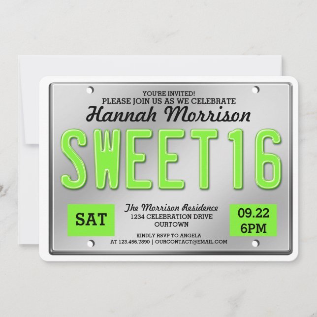 Green License Plate Sweet 16 Party Invitations (Front)