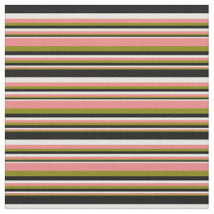 Green, Light Coral, Beige, and Black Lines Fabric