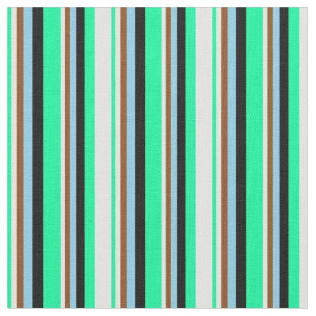 Green, Light Cyan, Brown, Sky Blue & Black Lines Fabric (Close Up)