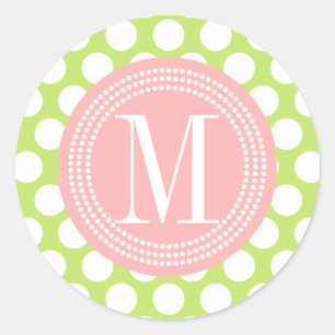 Green & Light Pink Big Polka Dots Monogrammed Classic Round Sticker
