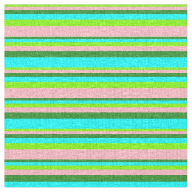 Green, Light Pink, Forest Green, and Aqua Lines Fabric (Close Up)