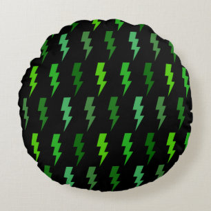Green Lightning Bolt Electric Storm Thunder Round Cushion