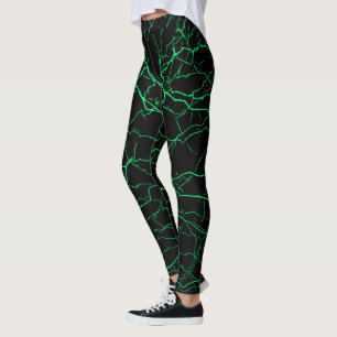 Green lightning, bolts pattern, thunders on black leggings