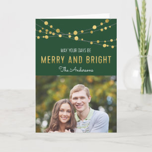 Green Lights Faux Gold Merry and Bright Photo Holiday Card