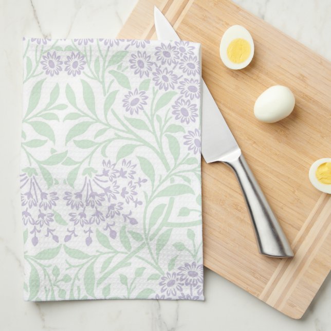 Green Lilac Floral Damask Pattern Tea Towel (Quarter Fold)
