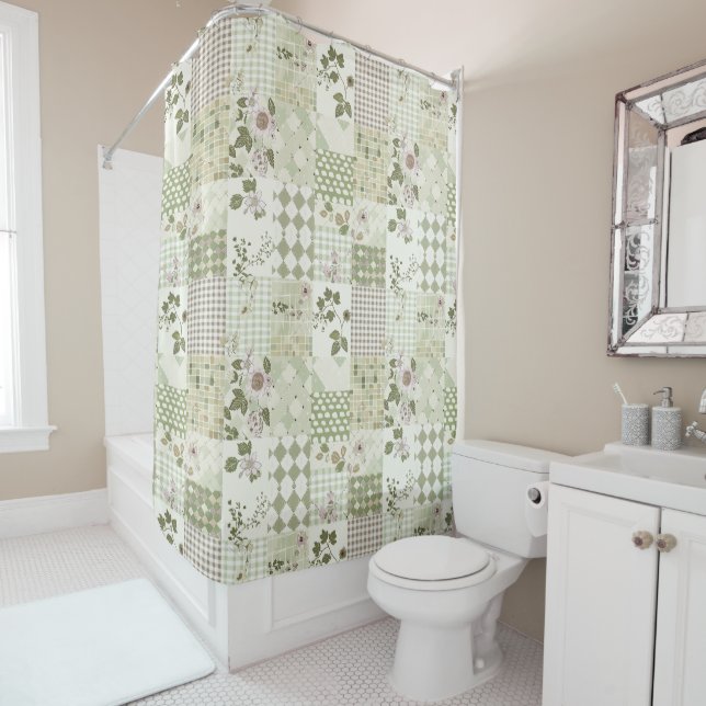  Green Lilac Patchwork Quilt Rustic Floral Retro  Shower Curtain (In Situ)