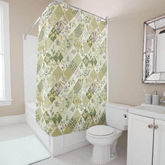  Green Lilac Patchwork Quilt Rustic Floral Retro  Shower Curtain (In Situ)