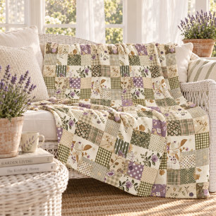 Green Lilac Quilt Patchwork Gingham Cottagecore Fleece Blanket