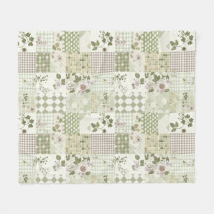 Green Lilac Quilt Patchwork Gingham Cottagecore Fleece Blanket