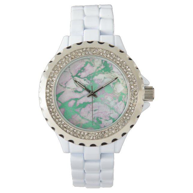 GREEN LILAC SWIRL MARBLE WHITE SPARKLE BAND WATCH (Front)