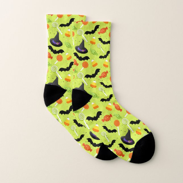 Green lime background with witch' hats and bats socks (Pair)