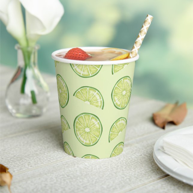 Green Lime Citrus Fruit Slices Illustrated Pattern Paper Cups (Insitu)