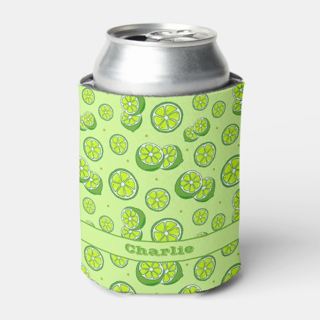 Green Lime Fruit Slices Patterned Summery Can Cooler (Can Front)