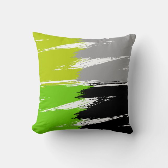 Green Lime Grey Black White Brush Stroke Paint Cushion (Front)