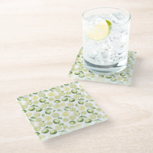 Green Limes Leaves Fruit Glass Coaster
