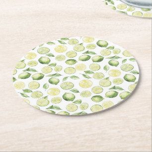 Green Limes Leaves Fruit Round Paper Coaster