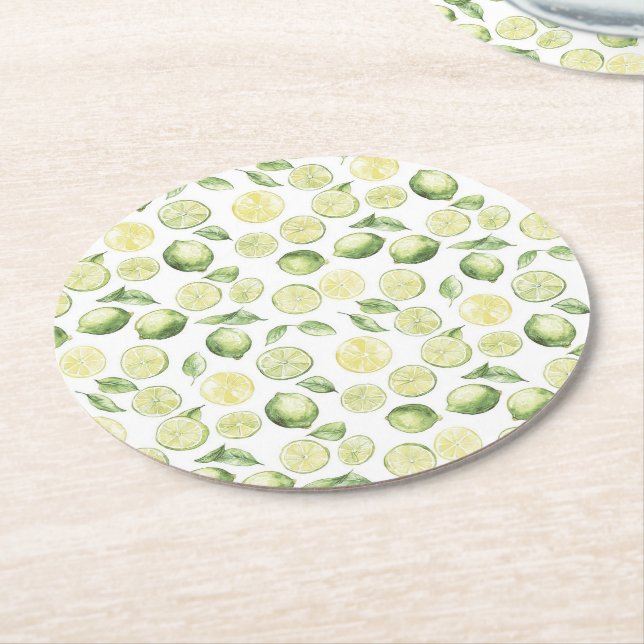 Green Limes Leaves Fruit Round Paper Coaster (Angled)