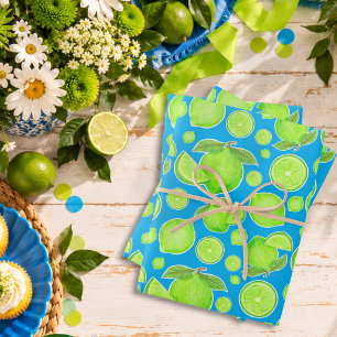 Green Limes on Bright Blue Citrus Fruit Pattern Wrapping Paper Sheet