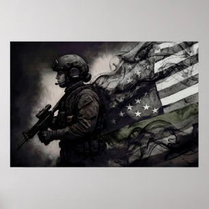 Green Line American Flag Military Female Tribute Poster