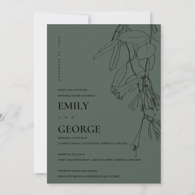 GREEN LINE DRAWING FLORAL REHEARSAL DINNER INVITE (Front)