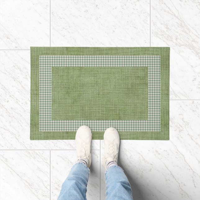  Green Linen and Gingham Check Kitchen Mat (Indoor)