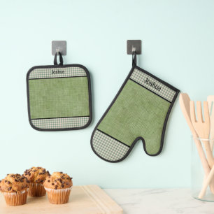  Green Linen and Gingham Check Personalised Oven Mitt & Pot Holder Set