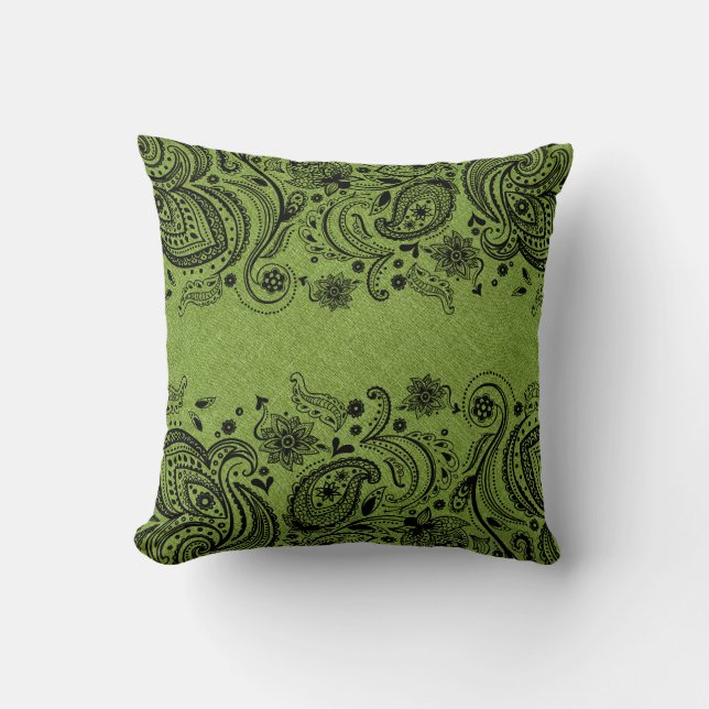 Green Linen & Black Paisley Lace Cushion (Front)
