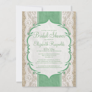Green Linen Burlap Lace Bridal Shower Invitations