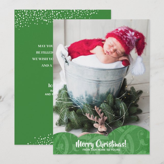 Green Linen Filigree Photo Christmas Holiday Card (Front/Back)