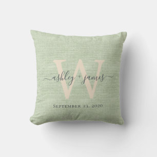 Green Linen Ivory Monogram Wedding Keepsake Cushion