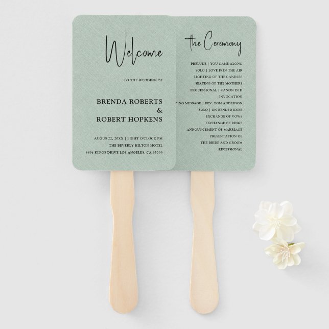 Green Linen Simple Black Script Wedding Hand Fan (Front and Back)