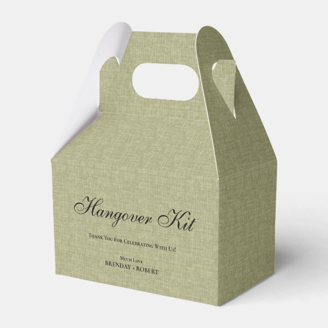 Green linen Simple Script Hangover Recovery Kit Favour Box (Front Side)