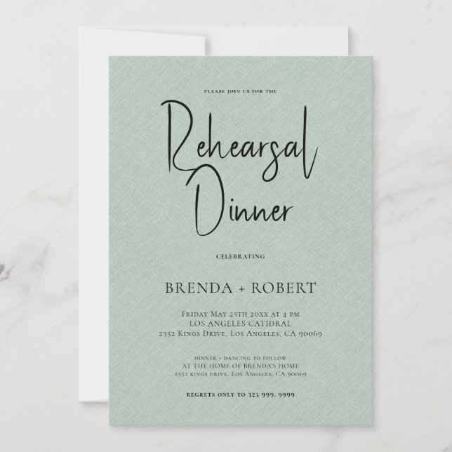 Green linen Simple White Script Rehearsal Dinner Invitation (Front)