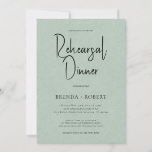 Green linen Simple White Script Rehearsal Dinner Invitation
