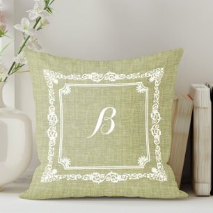 Green Linen White Frame Monorgam Cushion