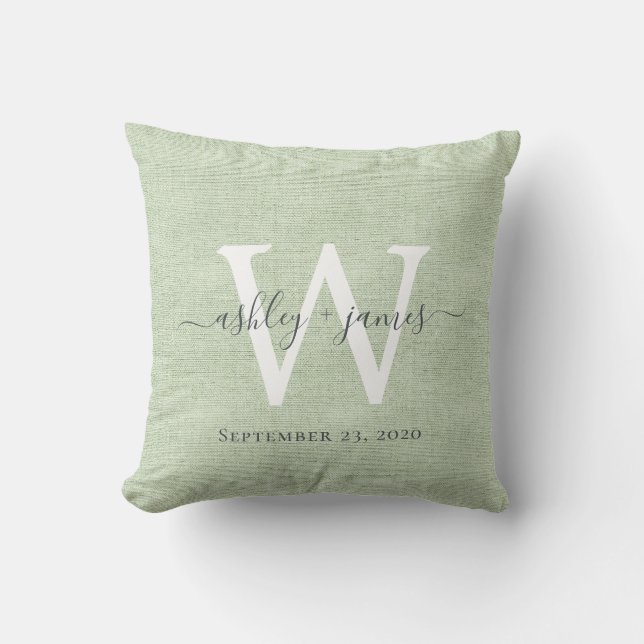 Green Linen White Monogram Wedding Keepsake Cushion (Front)