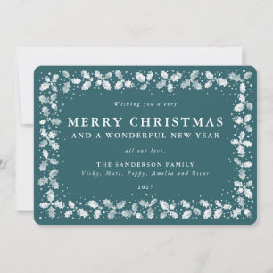 Green Lino Print Holly Leaf Border Flat Non Photo Holiday Card