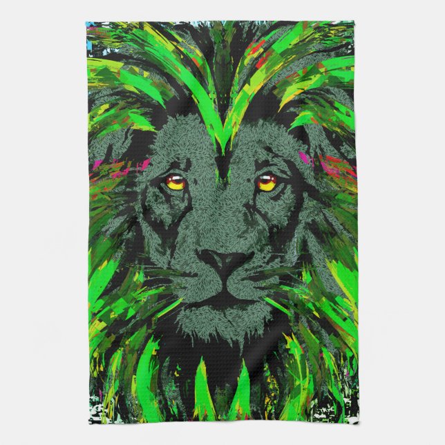 Green Lion Head - Lion Face Portrait Drawing Tea Towel (Vertical)