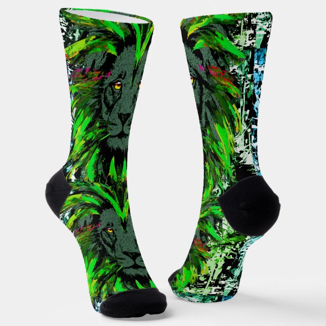 Green Lion Head Socks - Lion Face Socks (Angled)